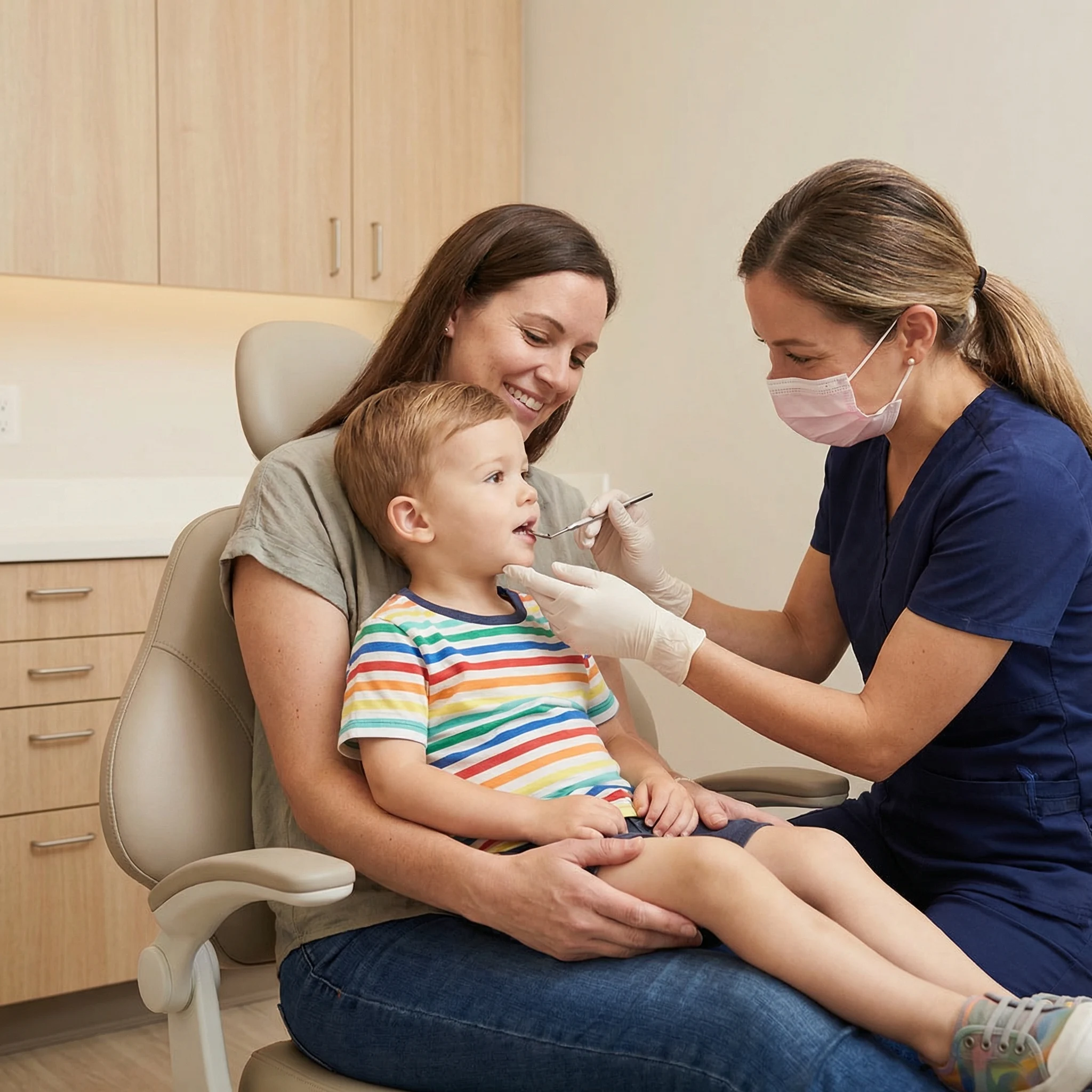 Young child sitting on parent's lap during gentle first dental visit examination in Dalton GA family dentistry office