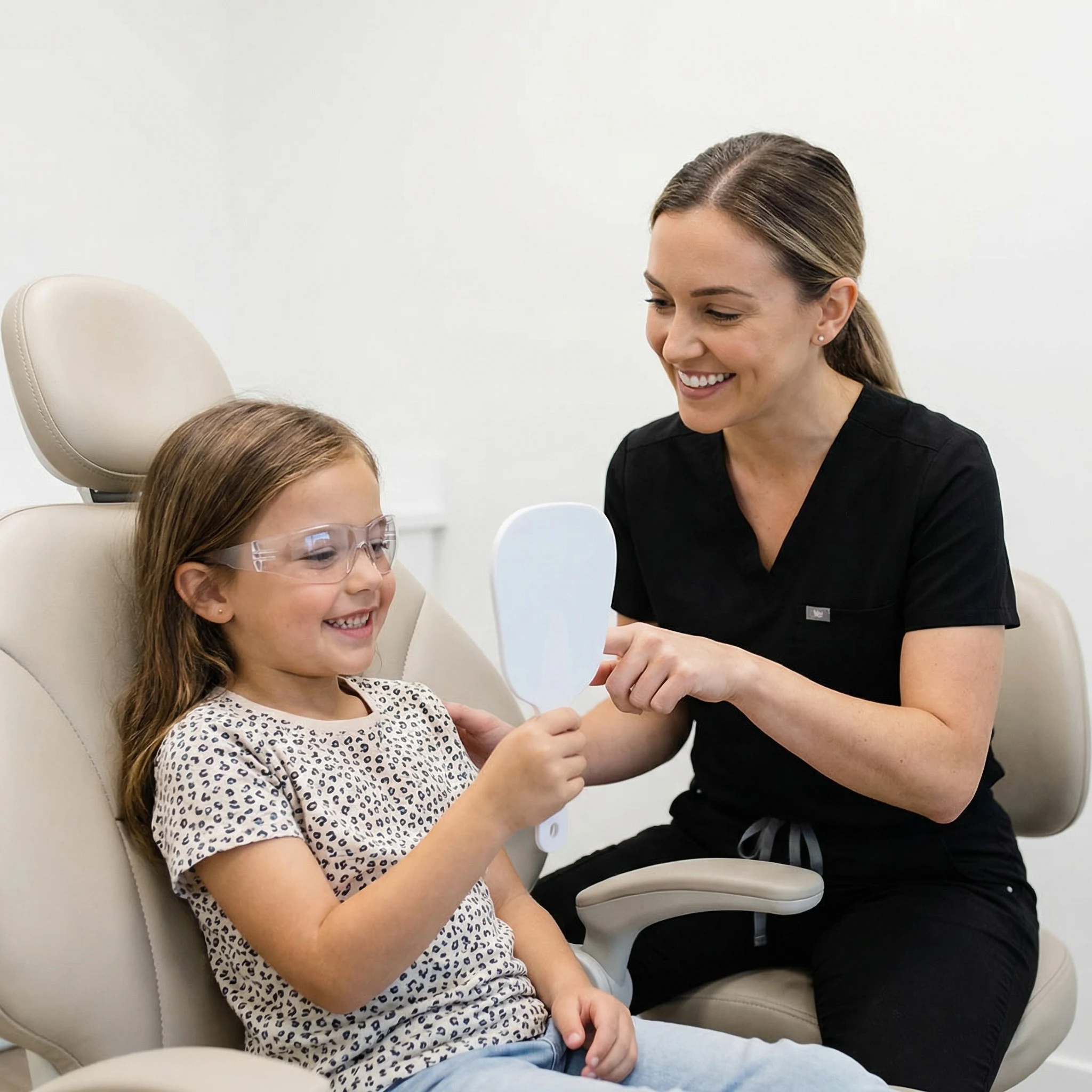 Happy child patient in dental chair with dentist in black scrubs during friendly pediatric dentistry visit in Dalton GA