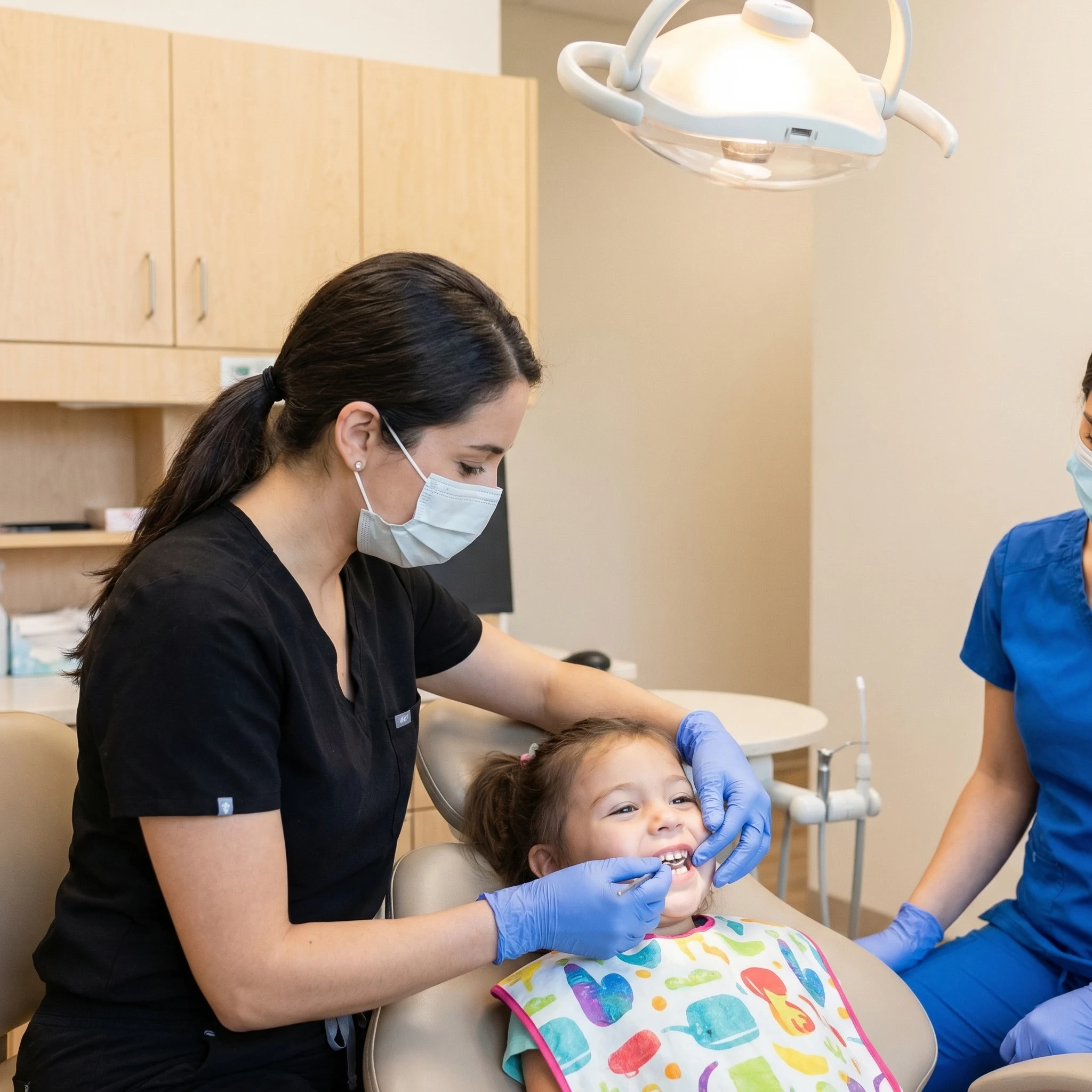 Dentist in black scrubs with latex gloves performing gentle cleaning on child patient during pediatric dental care Dalton GA