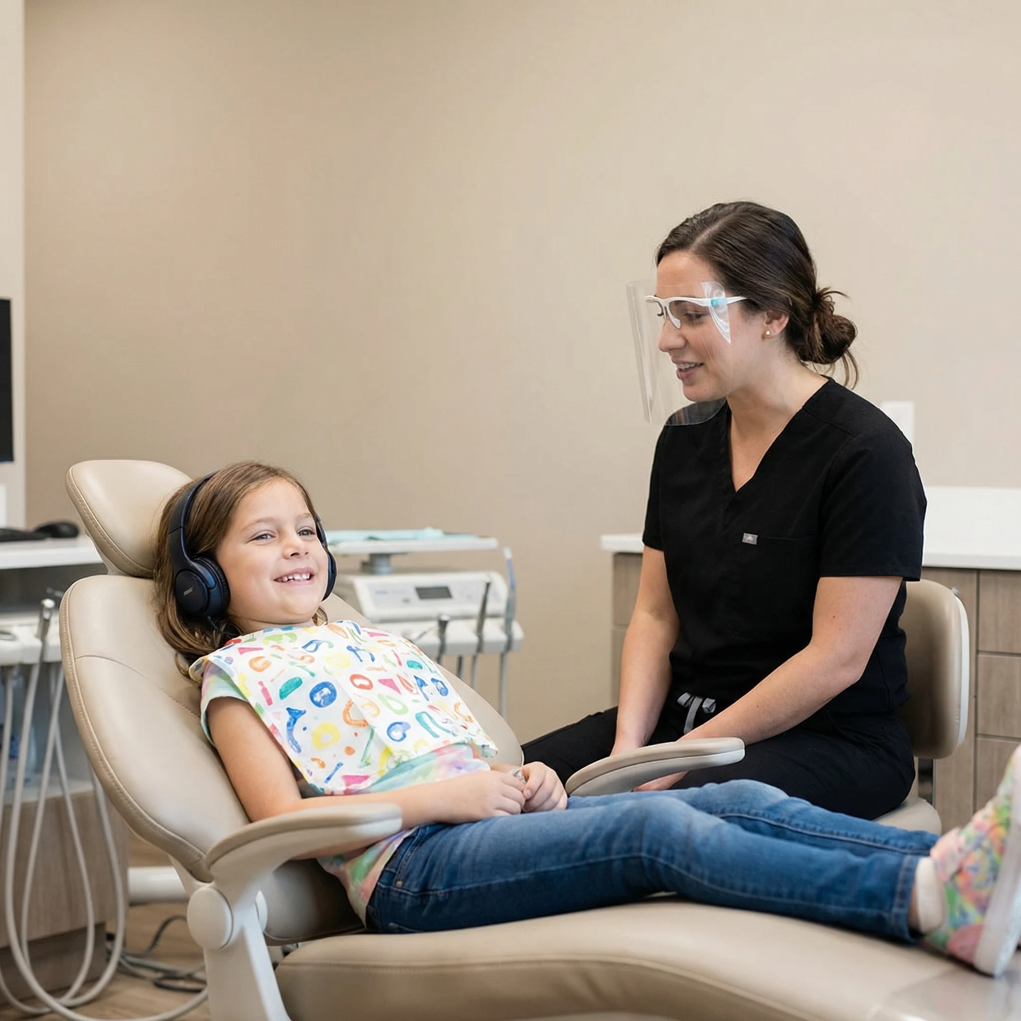 Calm relaxed child in dental chair receiving comfortable anxiety-free pediatric dentistry care in Dalton GA