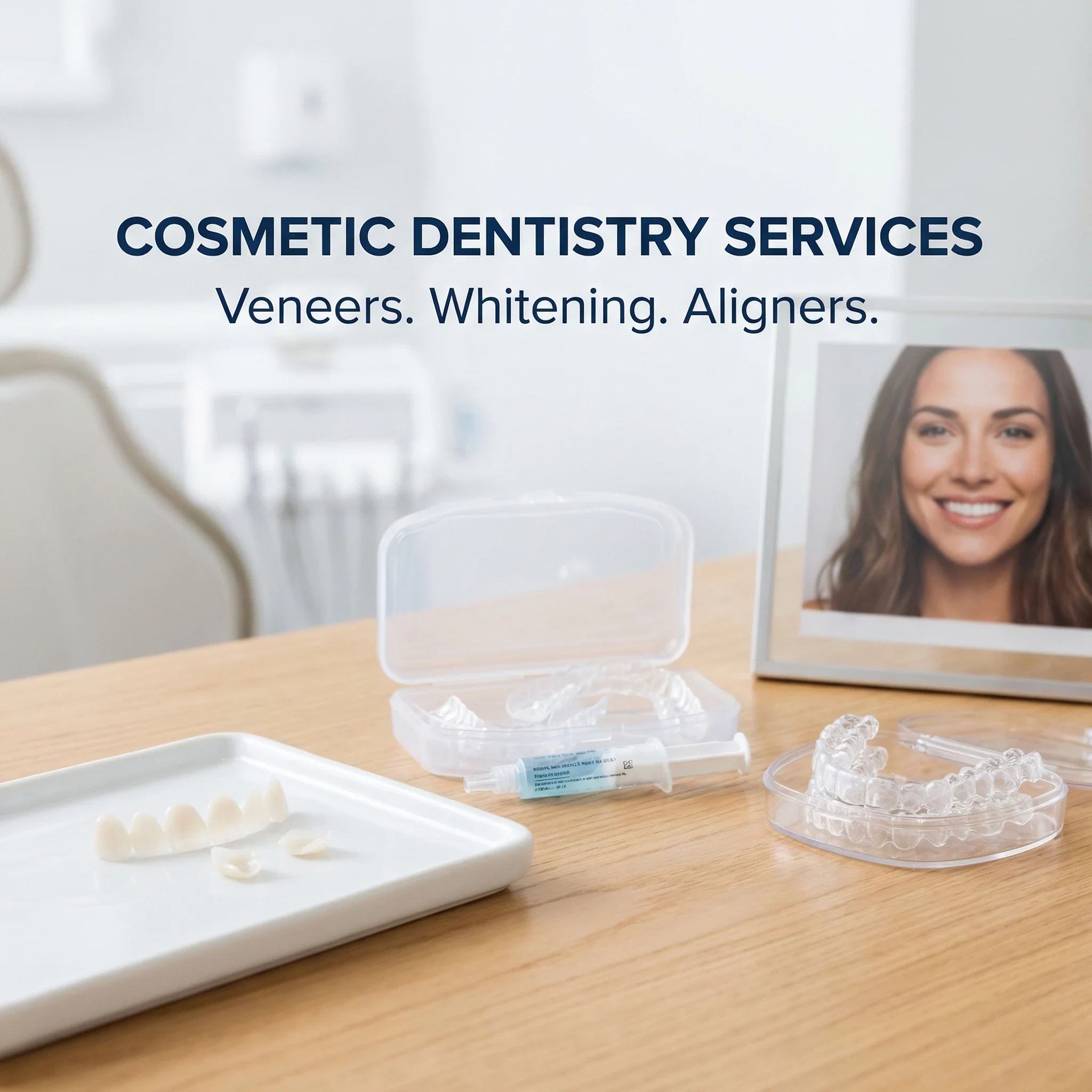 Professional cosmetic dentistry services display including veneers whitening and aligners Dalton GA