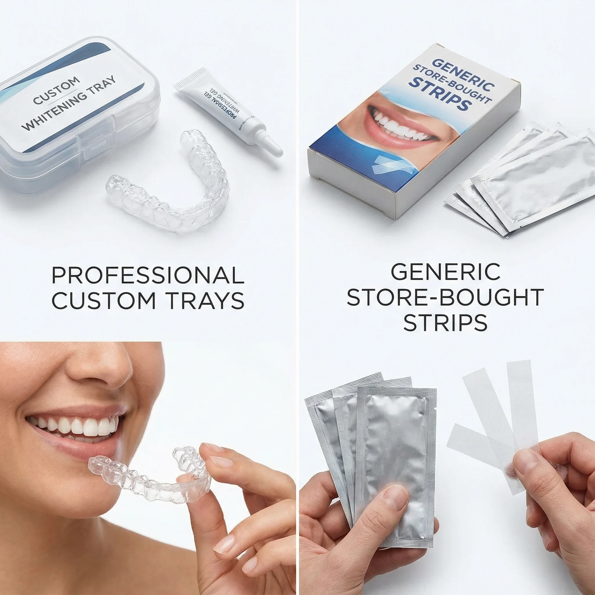 Comparison of professional dental whitening trays versus generic store-bought whitening strips
