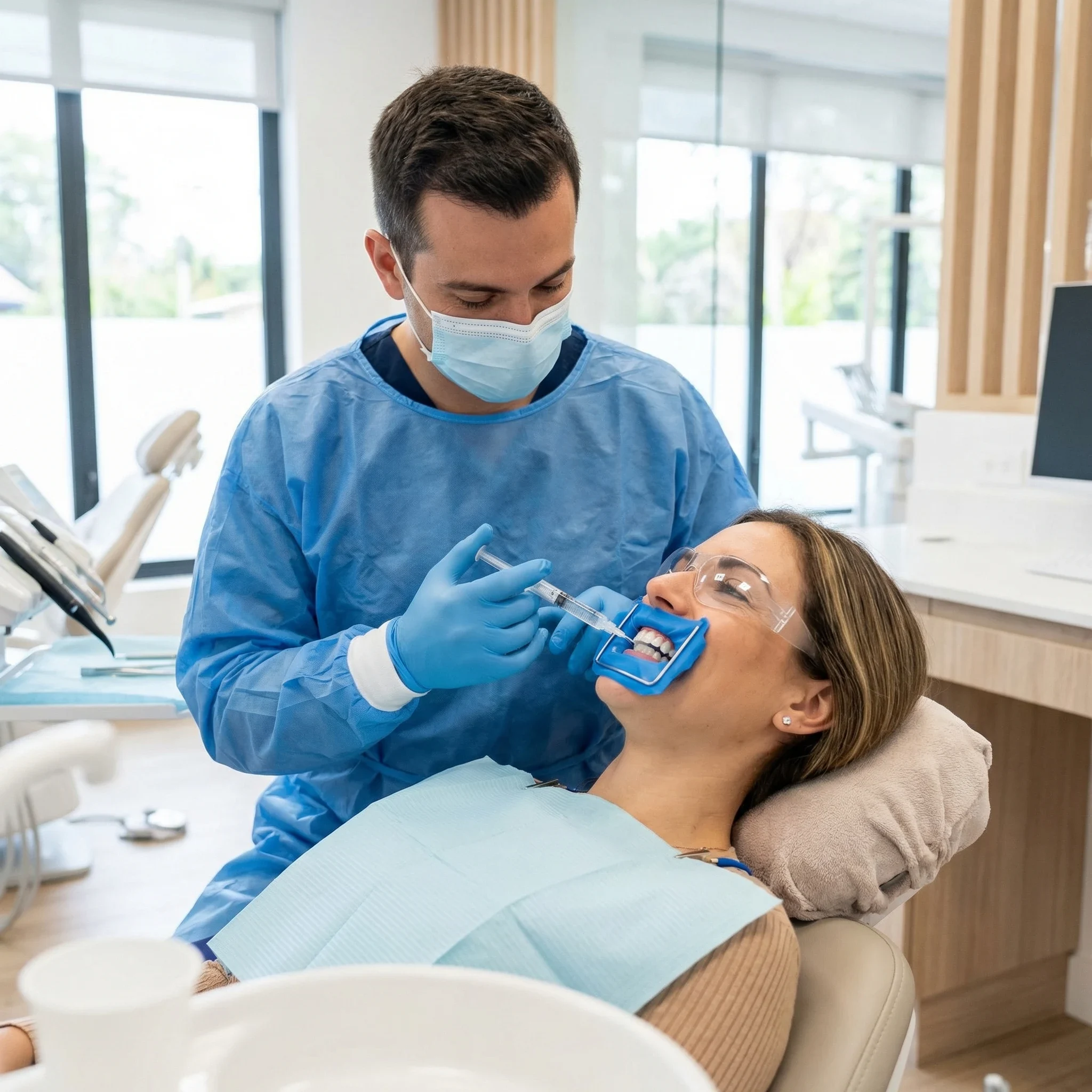 Safe professional teeth whitening with dentist wearing protective gloves and gum barrier protection