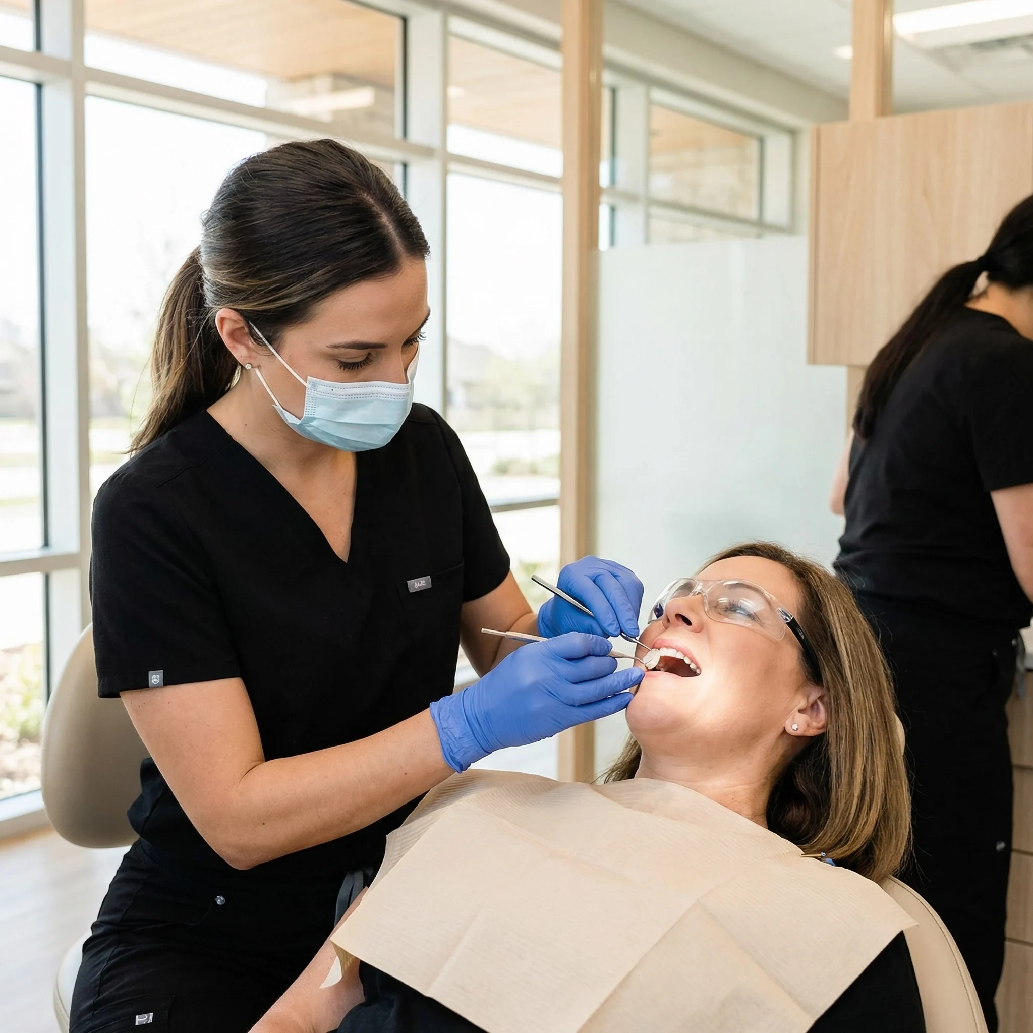 Dentist in black scrubs placing custom veneers on patient in Dalton GA dental office