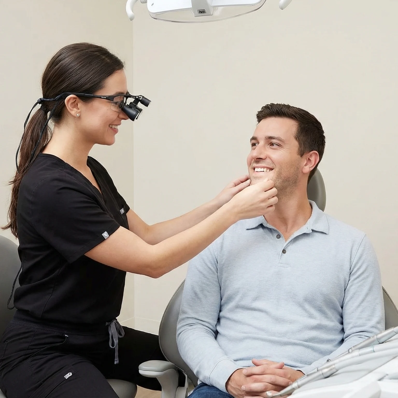 Professional dentist in black scrubs examining patient's healthy smile in Dalton GA dental office