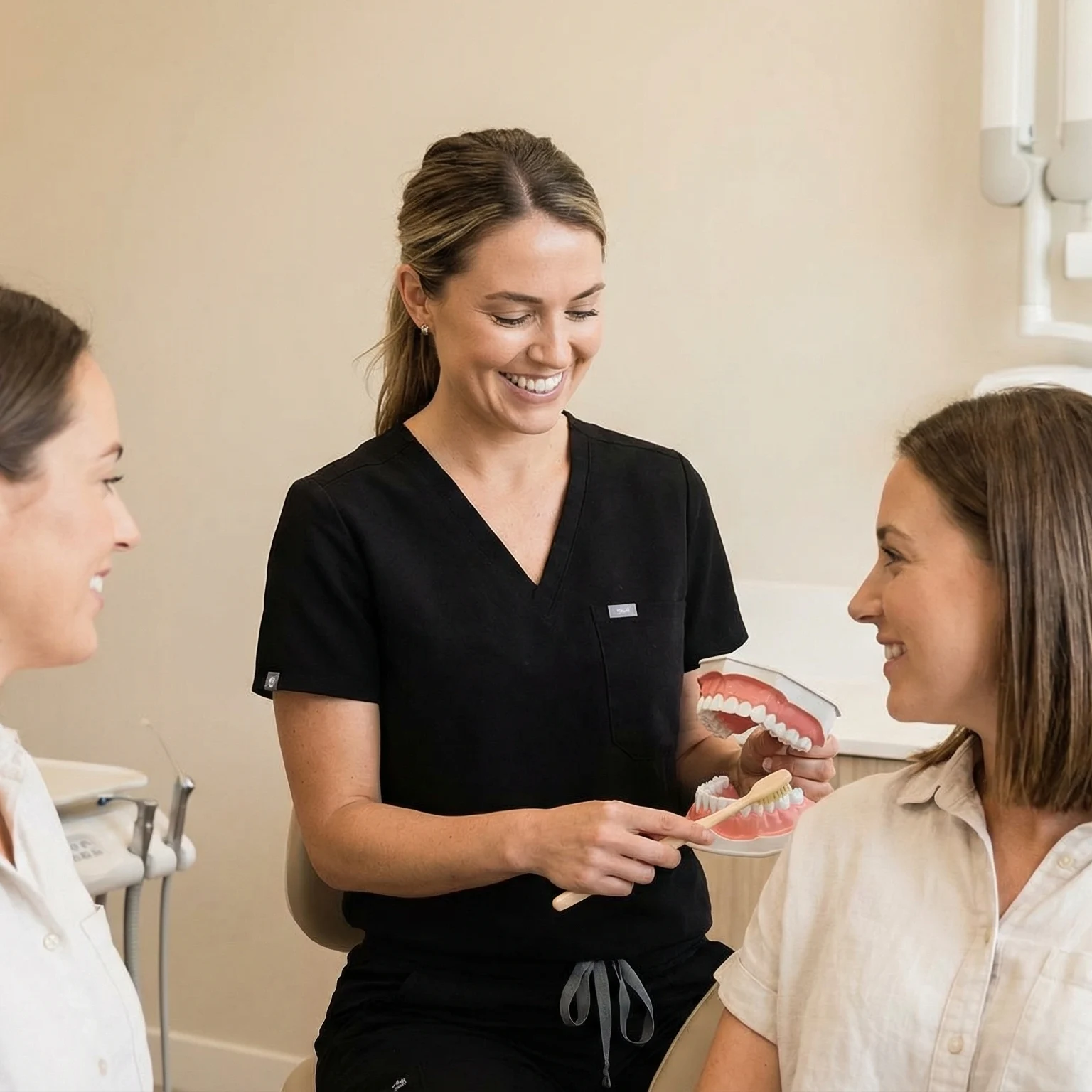 Dentist in black scrubs educating patient about oral hygiene and proper brushing technique Dalton GA