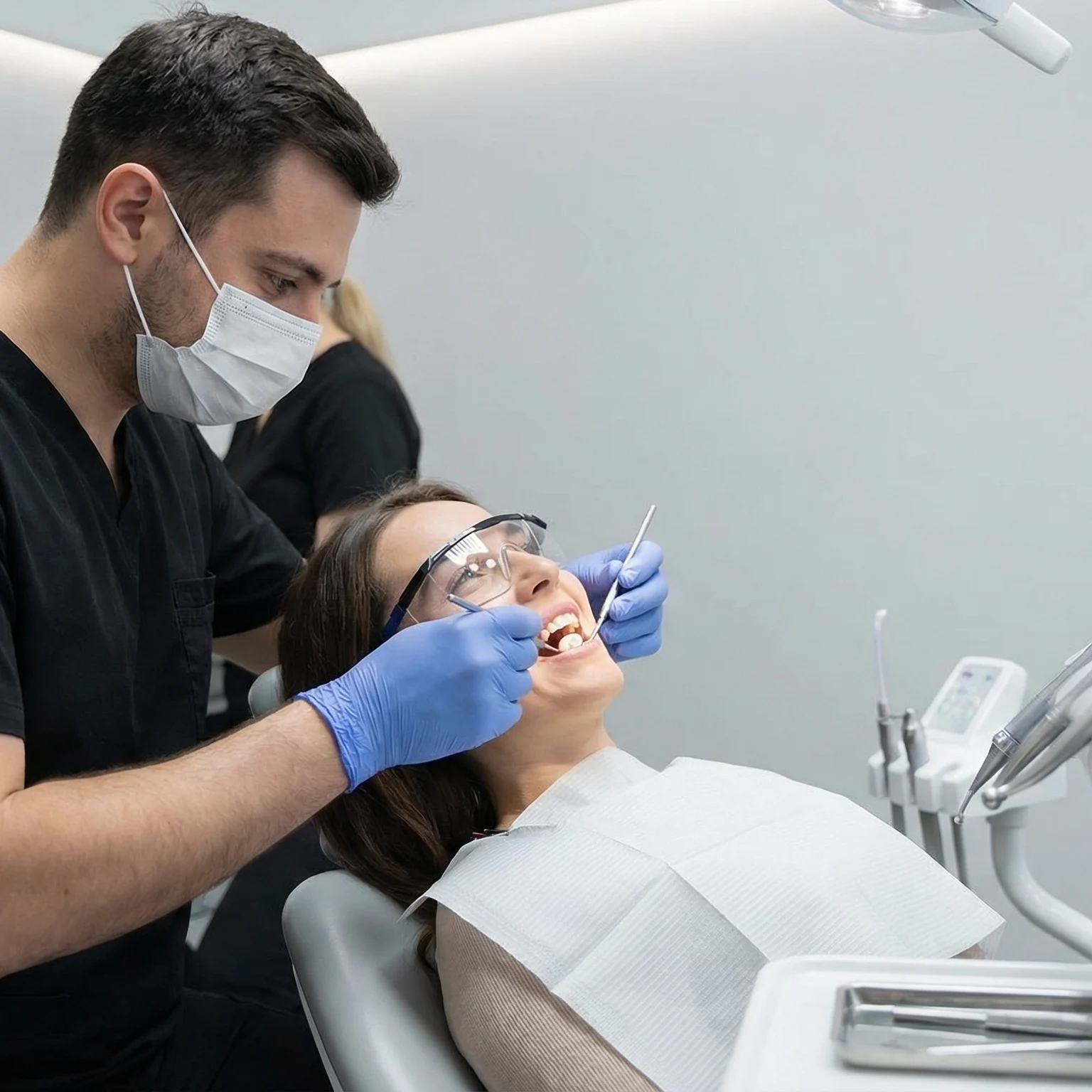 Dentist in black scrubs with latex gloves placing tooth-colored composite filling on patient's tooth Dalton GA