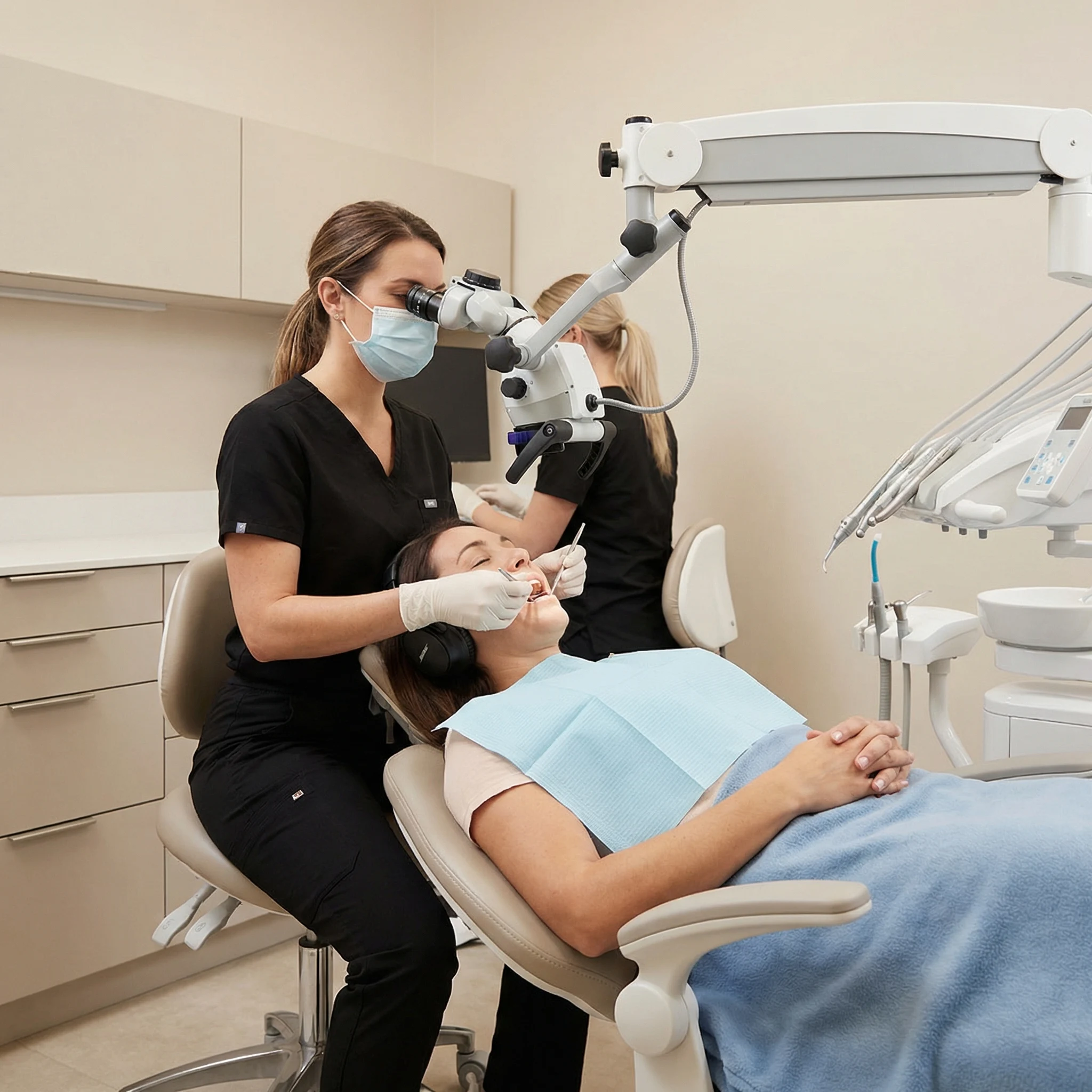 Calm relaxed patient in dental chair receiving comfortable anxiety-free root canal treatment Dalton GA