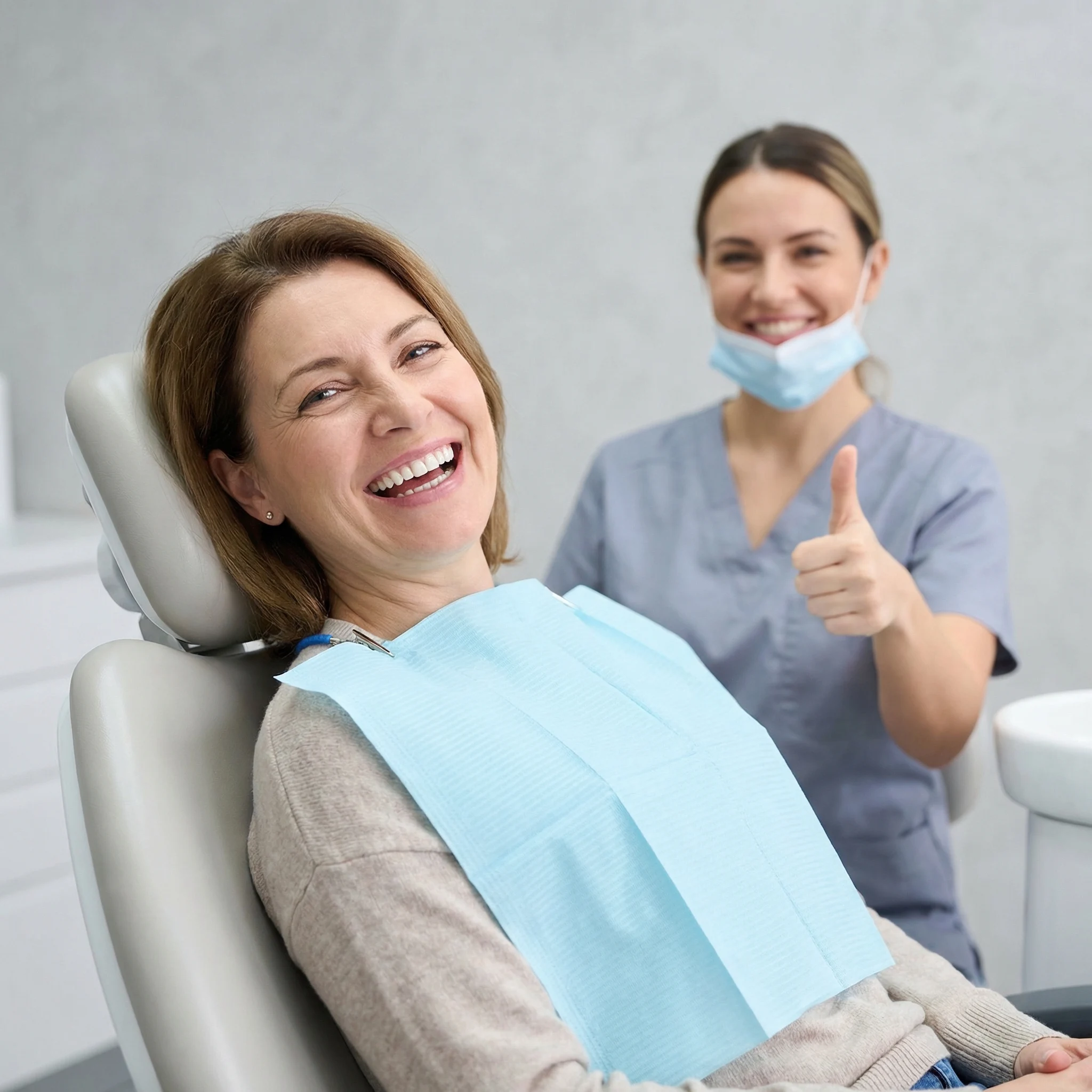 Happy relieved patient with bright healthy smile after painless root canal treatment Dalton GA