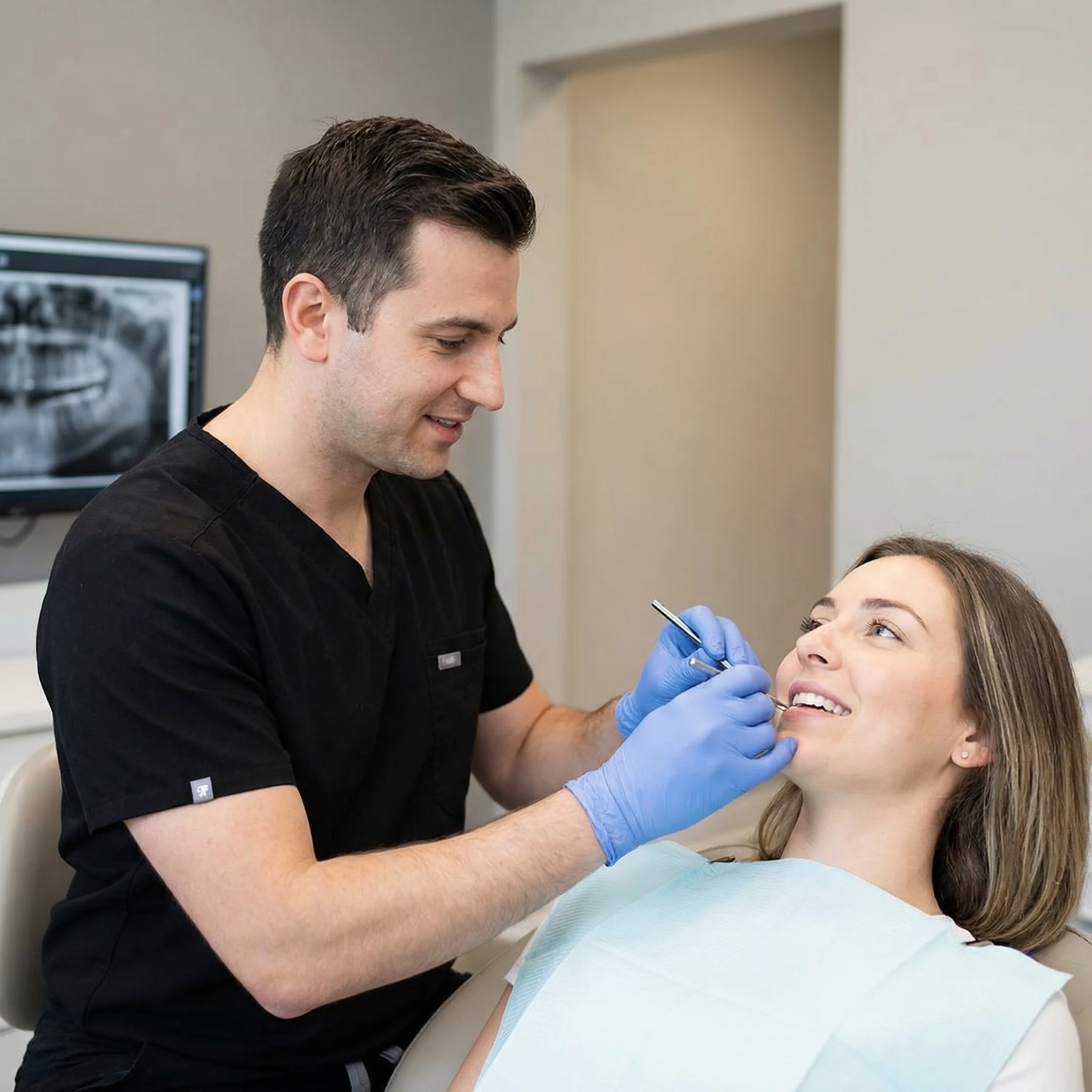 Professional dentist in black scrubs examining patient's tooth for root canal consultation in Dalton GA dental office