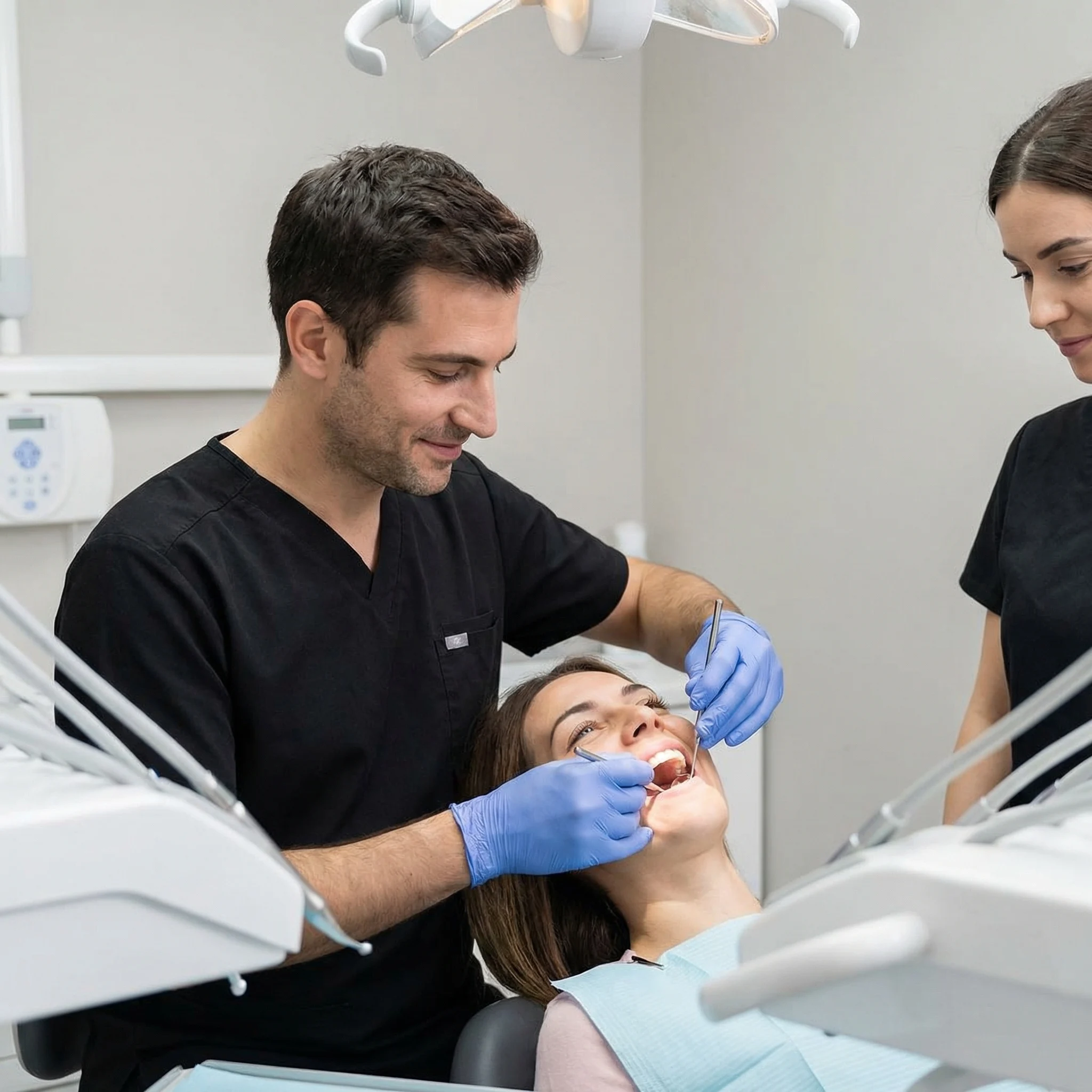 Dentist in black scrubs with latex gloves performing gentle tooth extraction on relaxed patient Dalton GA