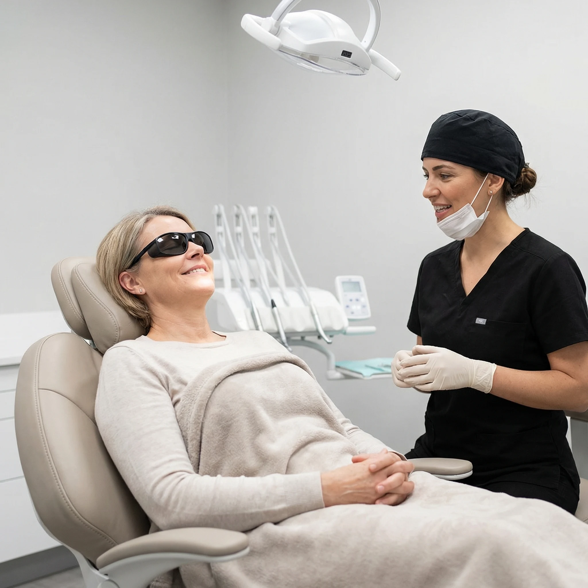 Calm relaxed patient in dental chair receiving comfortable anxiety-free oral surgery Dalton GA