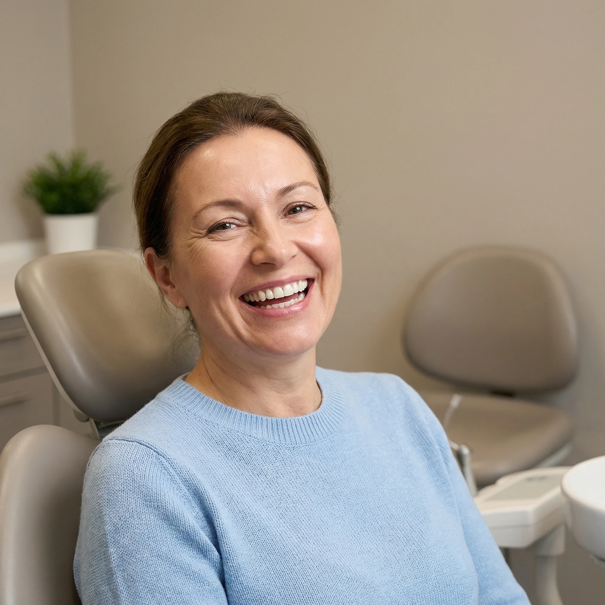 Happy relieved patient with bright healthy smile after restorative dental treatment Dalton GA