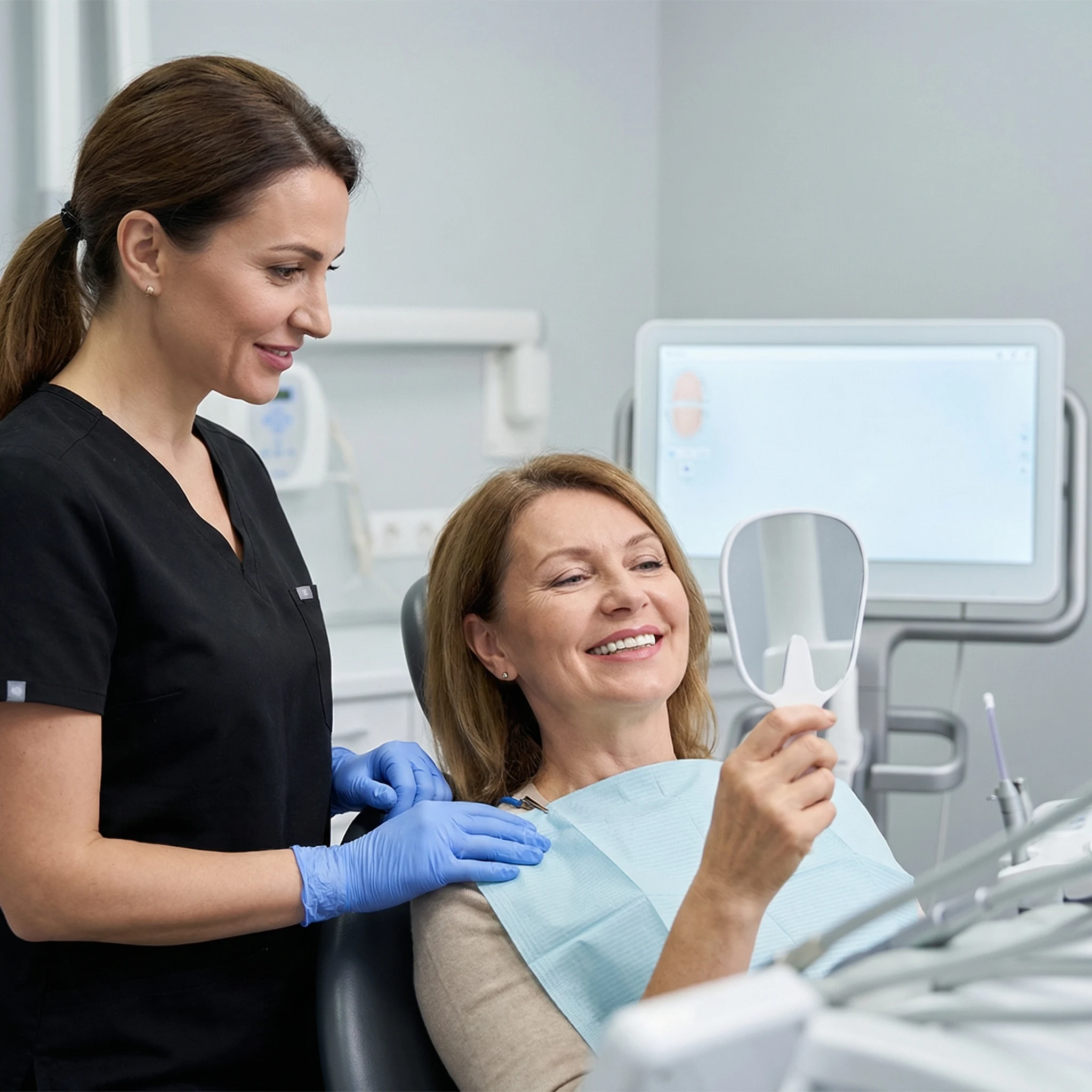 Professional dentist in black scrubs examining patient's restored smile in Dalton GA dental office