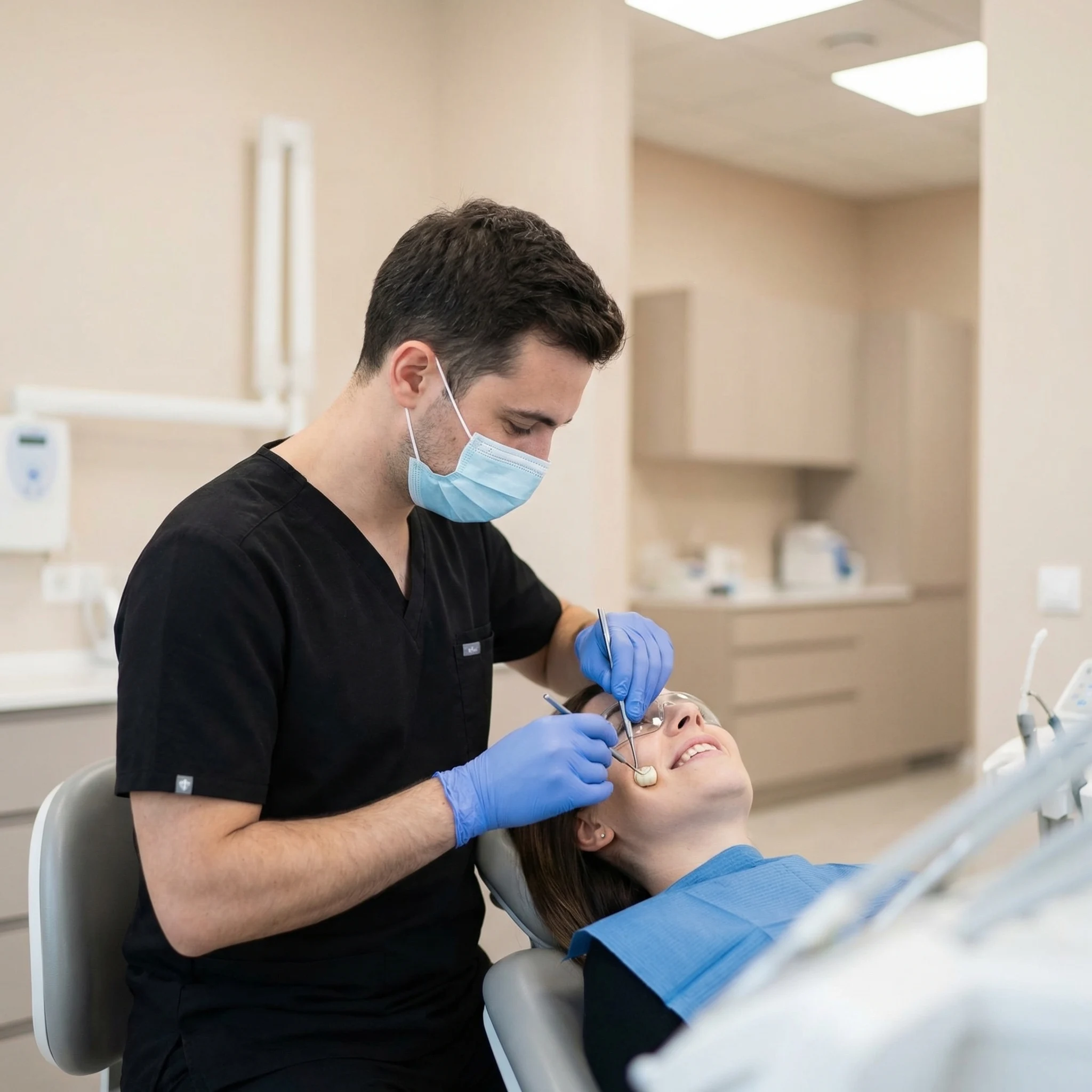 Dentist in black scrubs with latex gloves placing dental crown on patient's tooth during restorative procedure Dalton GA