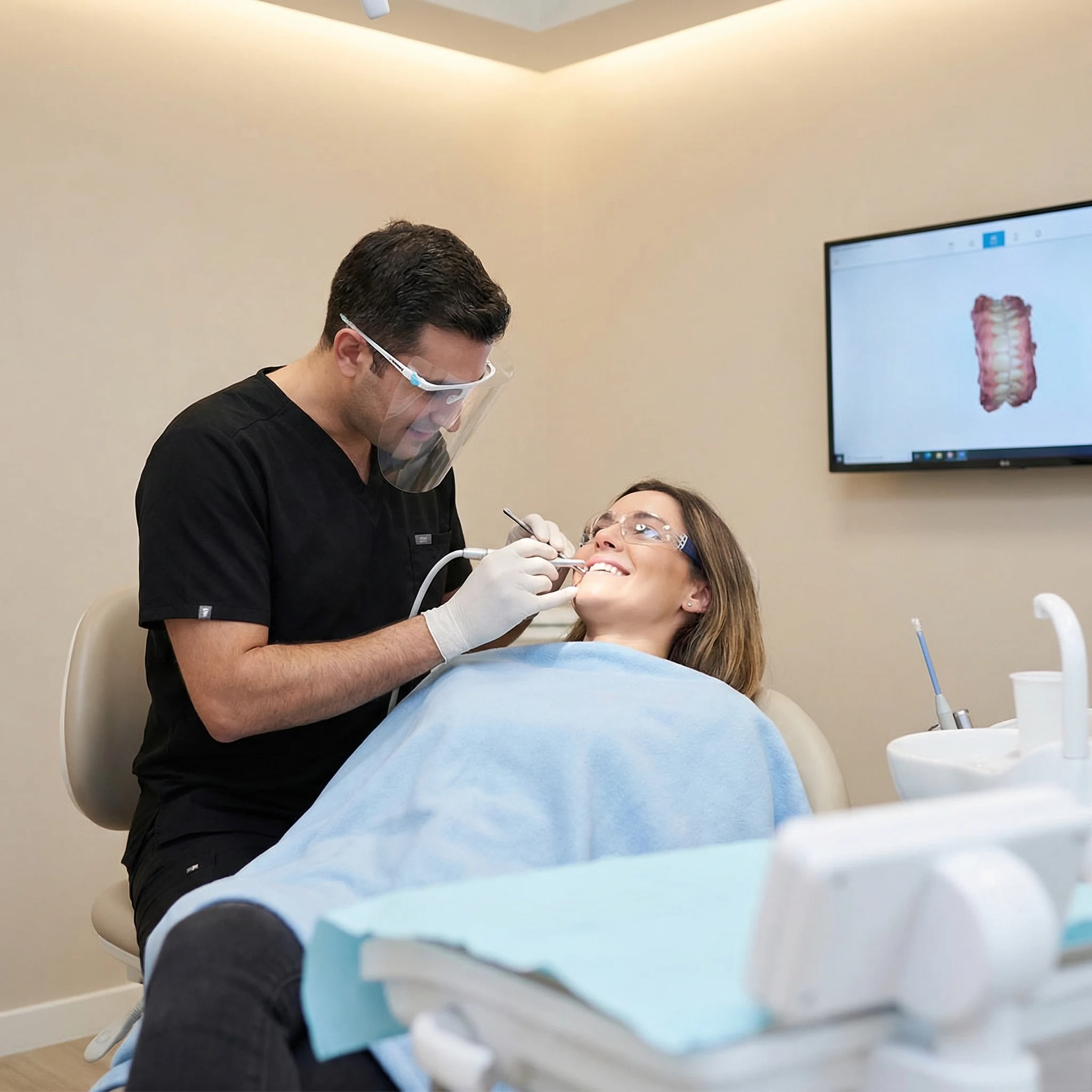 Calm relaxed patient in dental chair receiving comfortable anxiety-free crown treatment Dalton GA