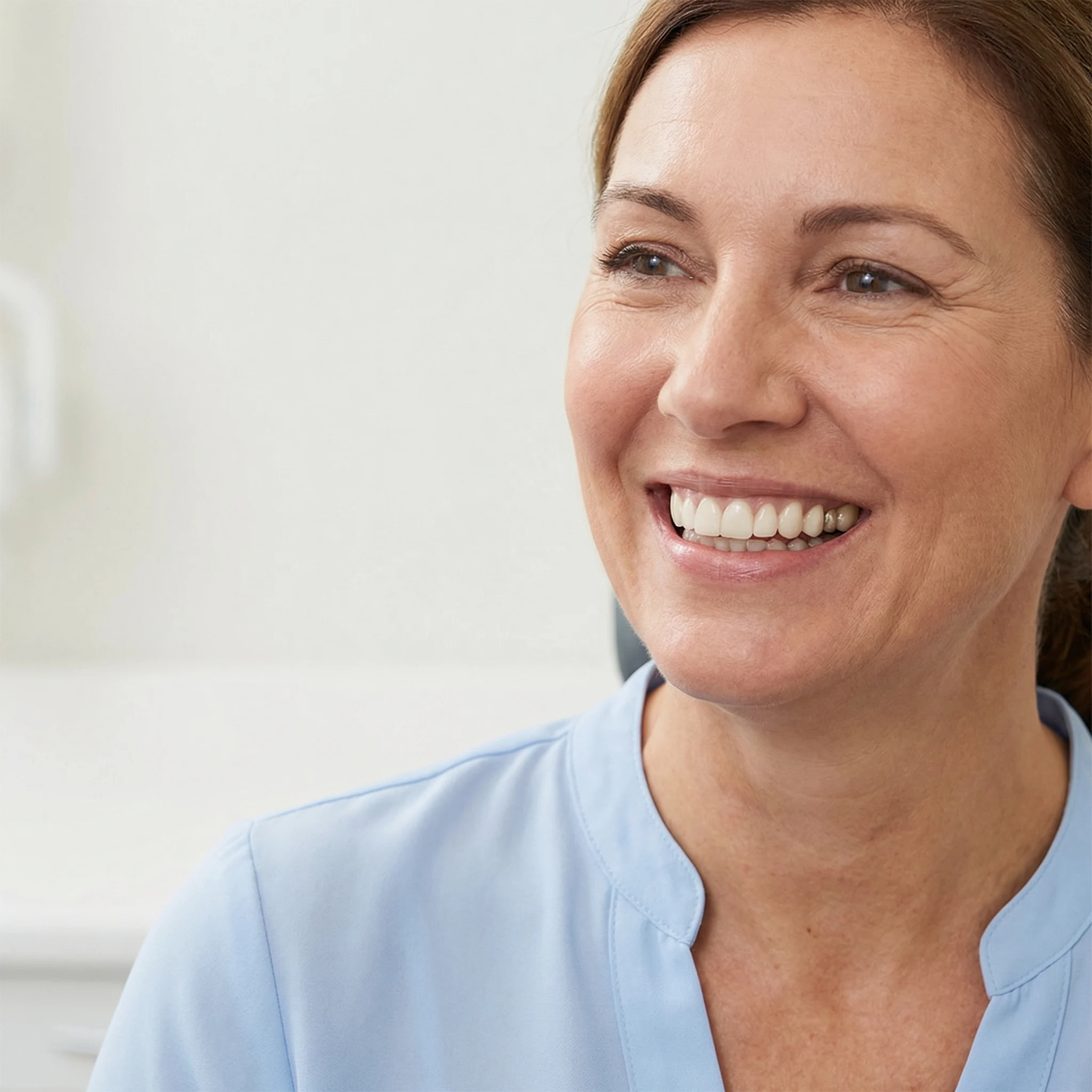 Happy confident patient with bright healthy smile after dental crown treatment Dalton GA