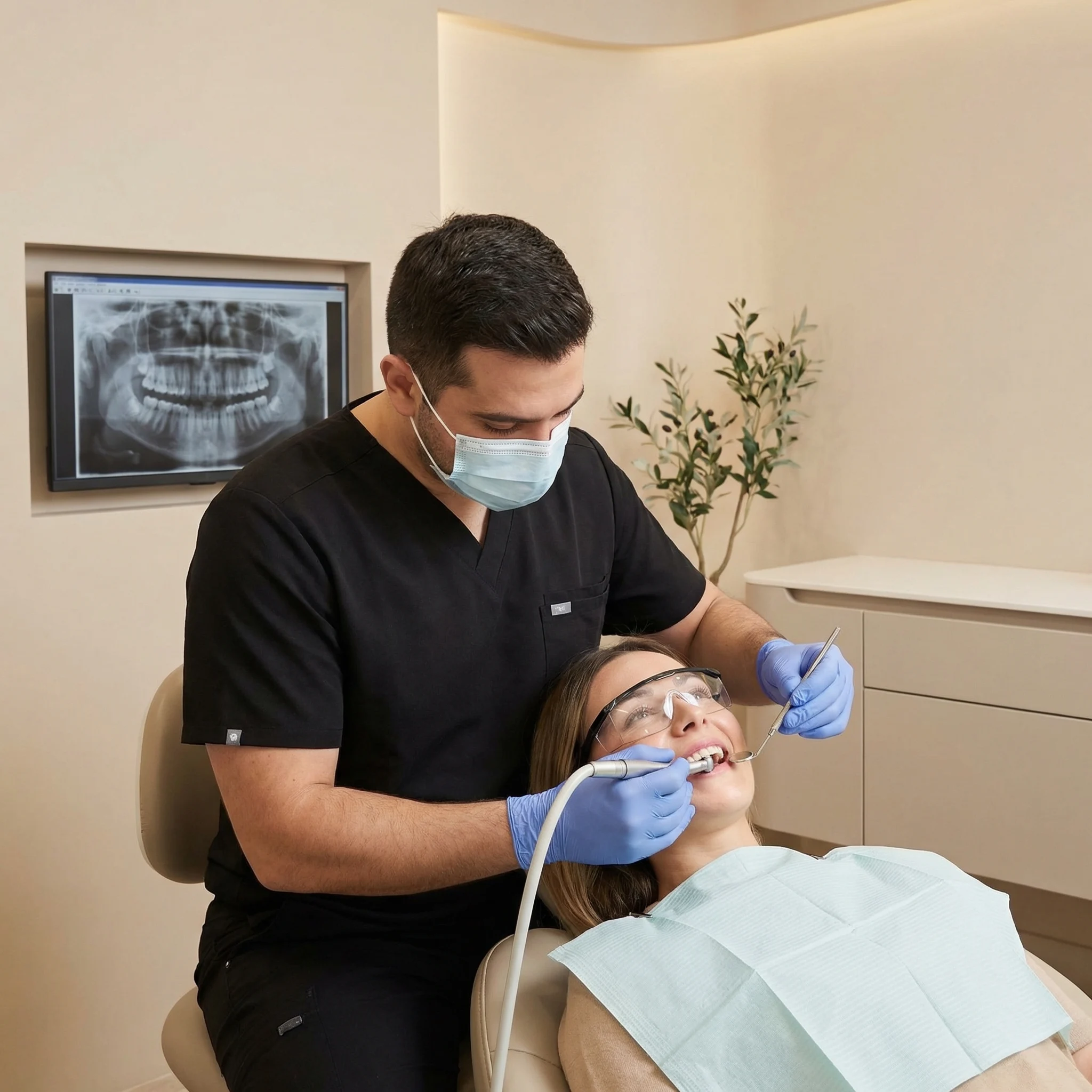 Professional dentist in black scrubs examining patient's tooth for crown preparation in Dalton GA dental office