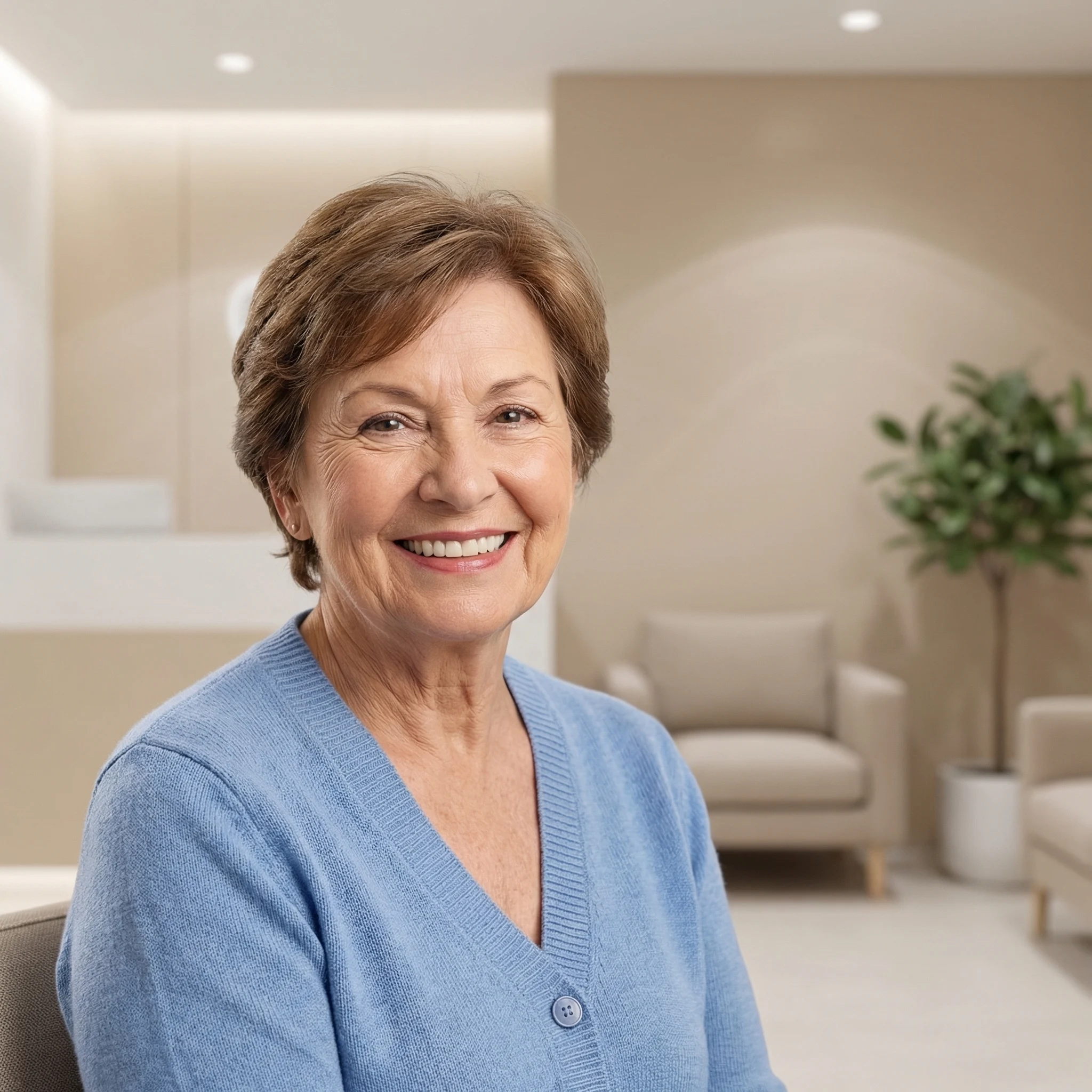 Happy senior patient with bright confident smile wearing comfortable dentures Dalton GA