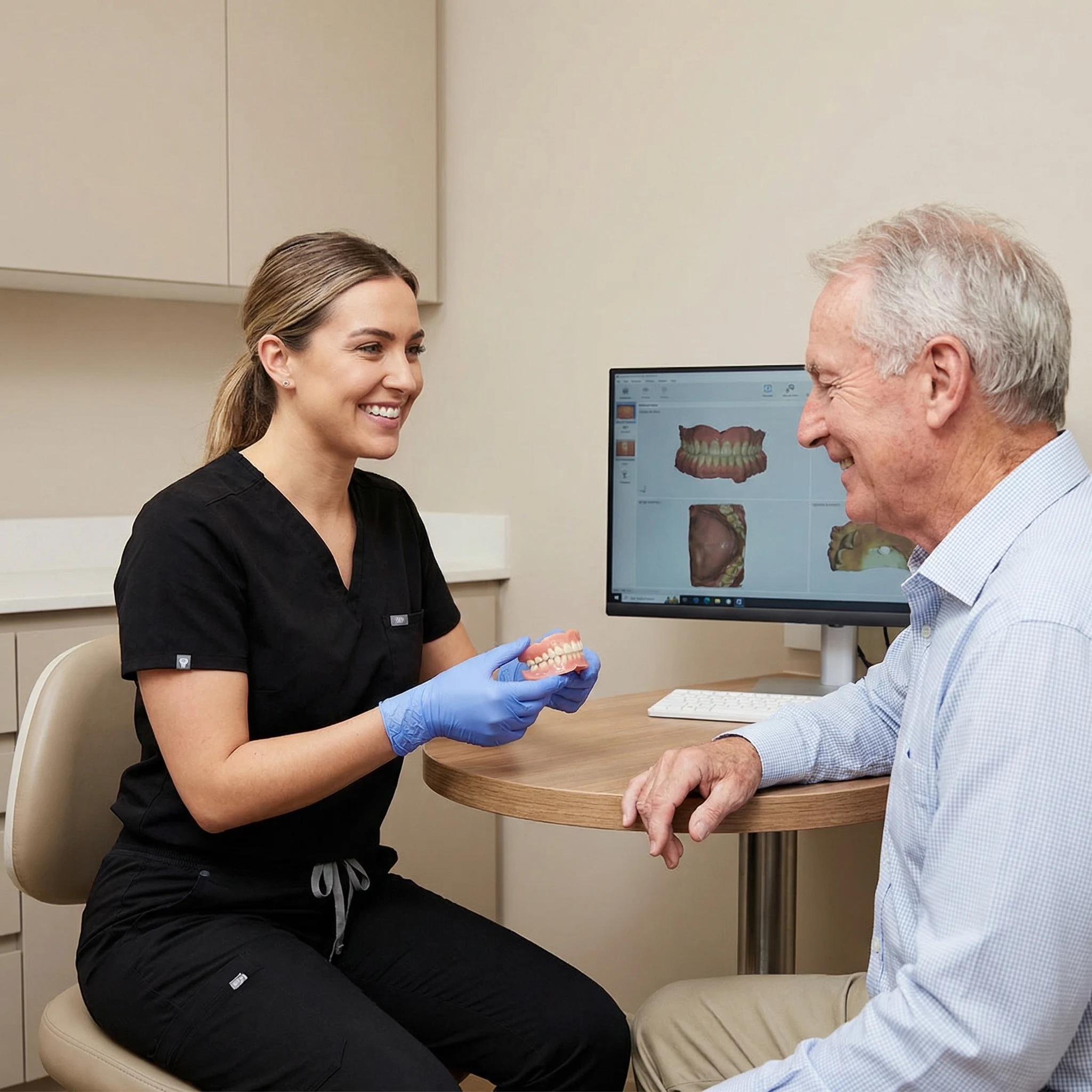 Professional dentist in black scrubs consulting with patient about dentures in Dalton GA dental office
