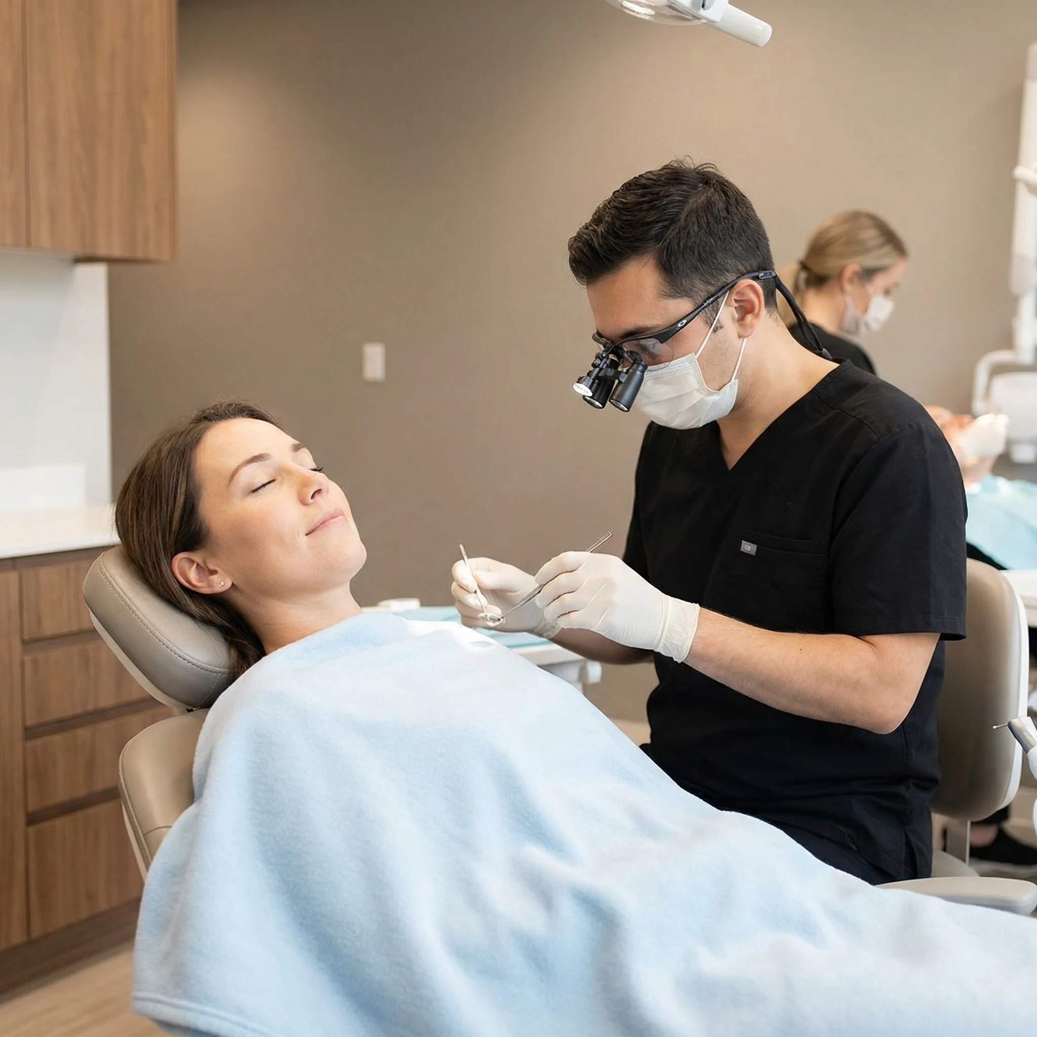 Calm relaxed patient in dental chair receiving comfortable anxiety-free inlay treatment Dalton GA