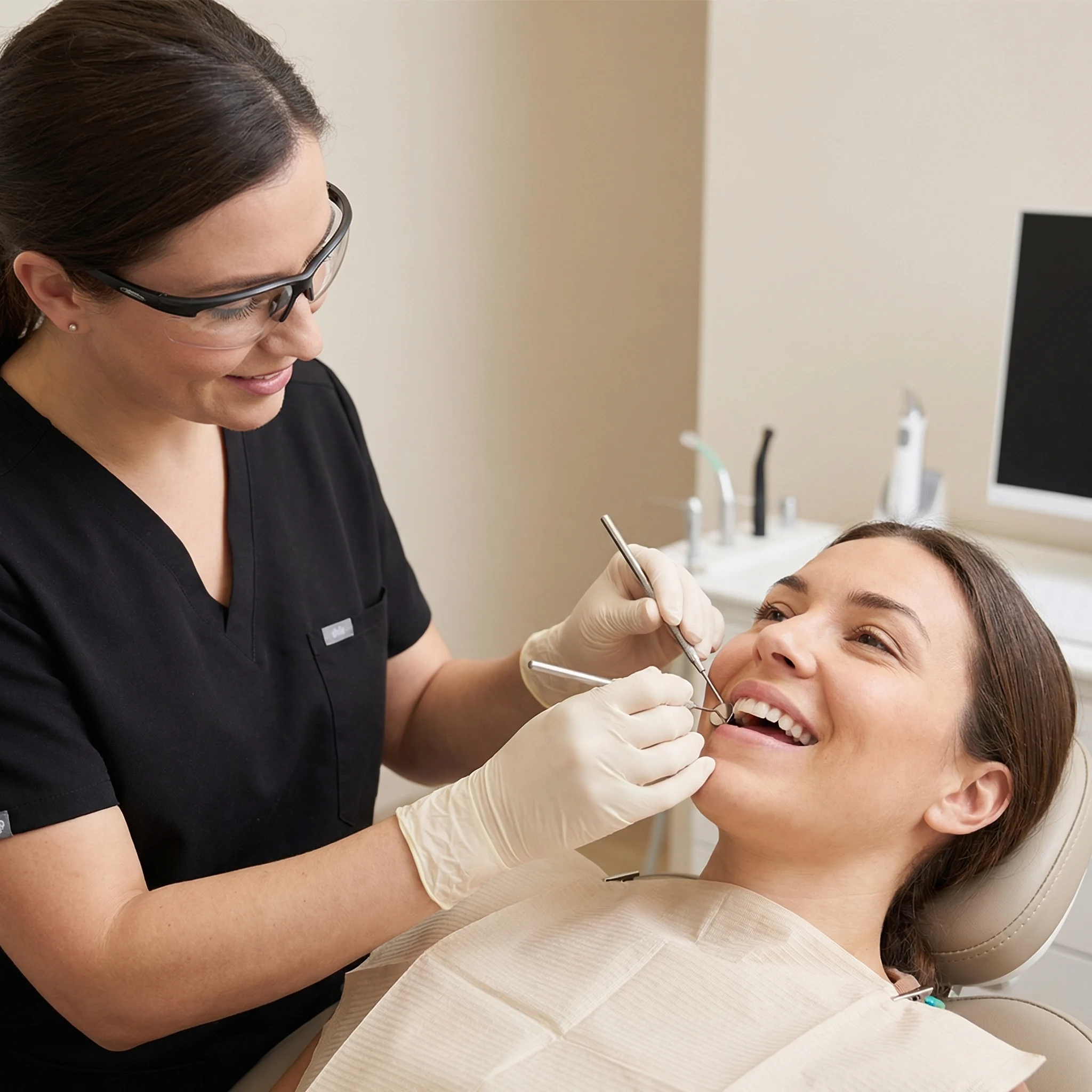 Professional dentist in black scrubs examining patient's tooth for inlay onlay restoration in Dalton GA dental office