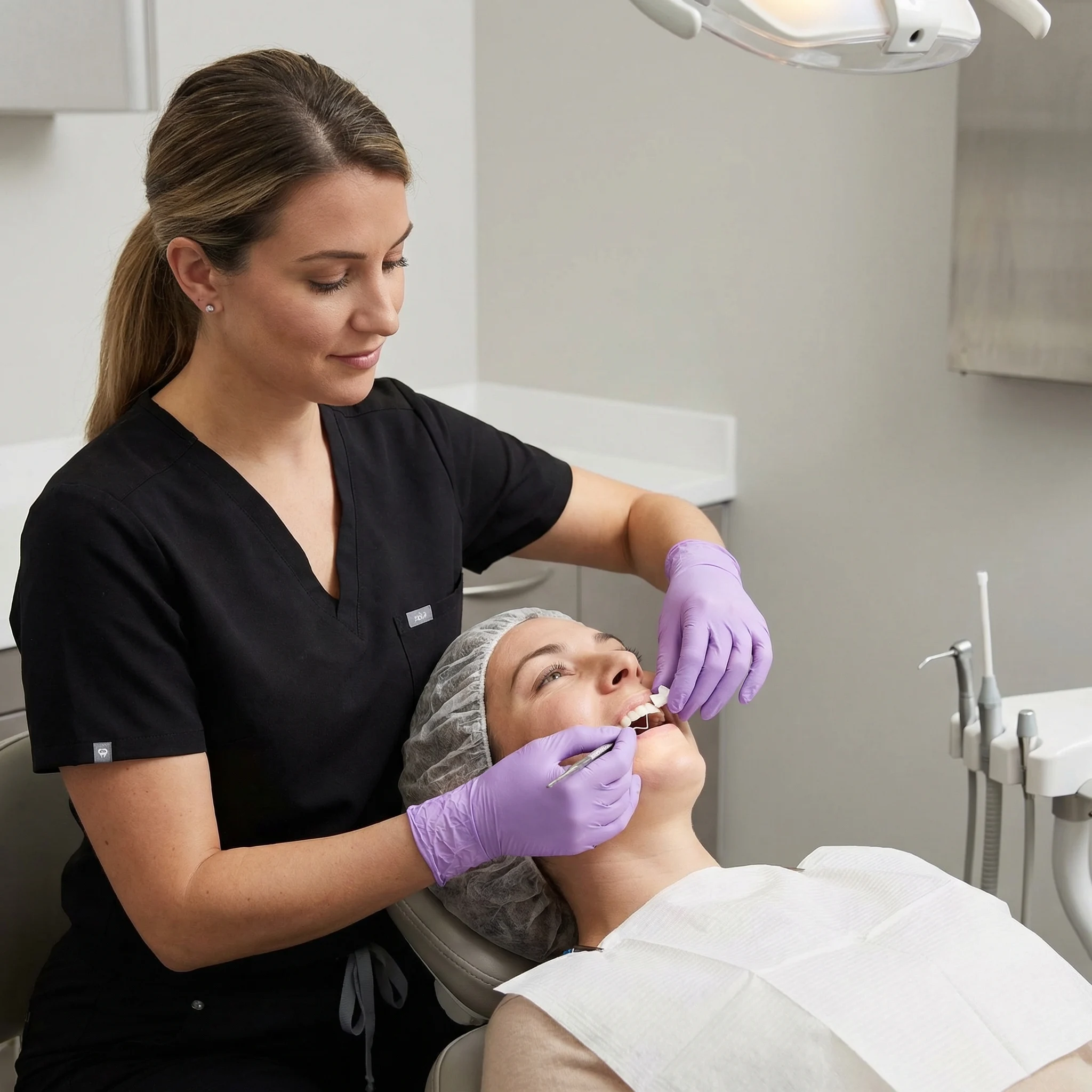 Dentist in black scrubs with latex gloves placing porcelain inlay on patient's tooth during conservative restoration procedure Dalton GA