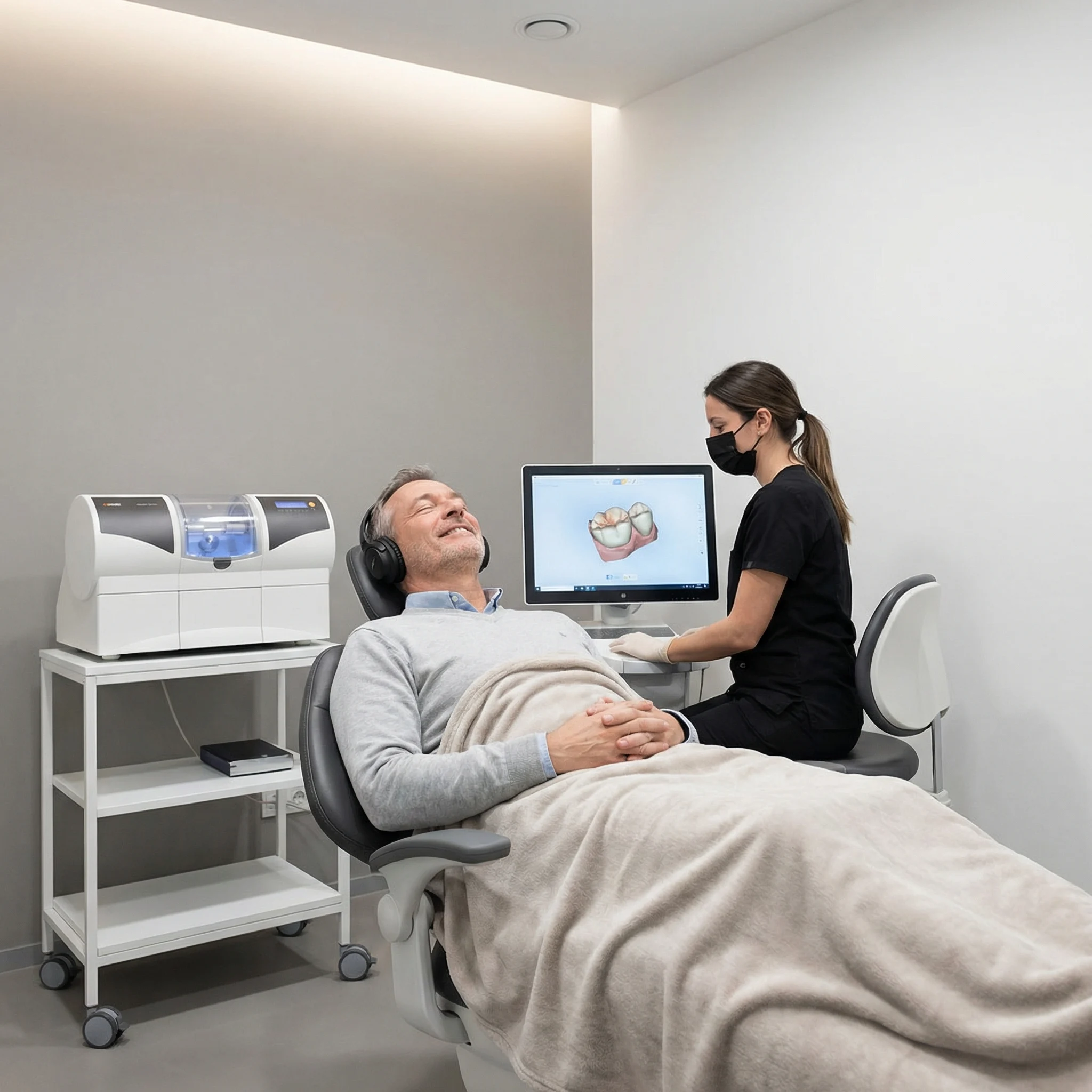 Calm relaxed patient in dental chair receiving comfortable anxiety-free same-day crown treatment Dalton GA