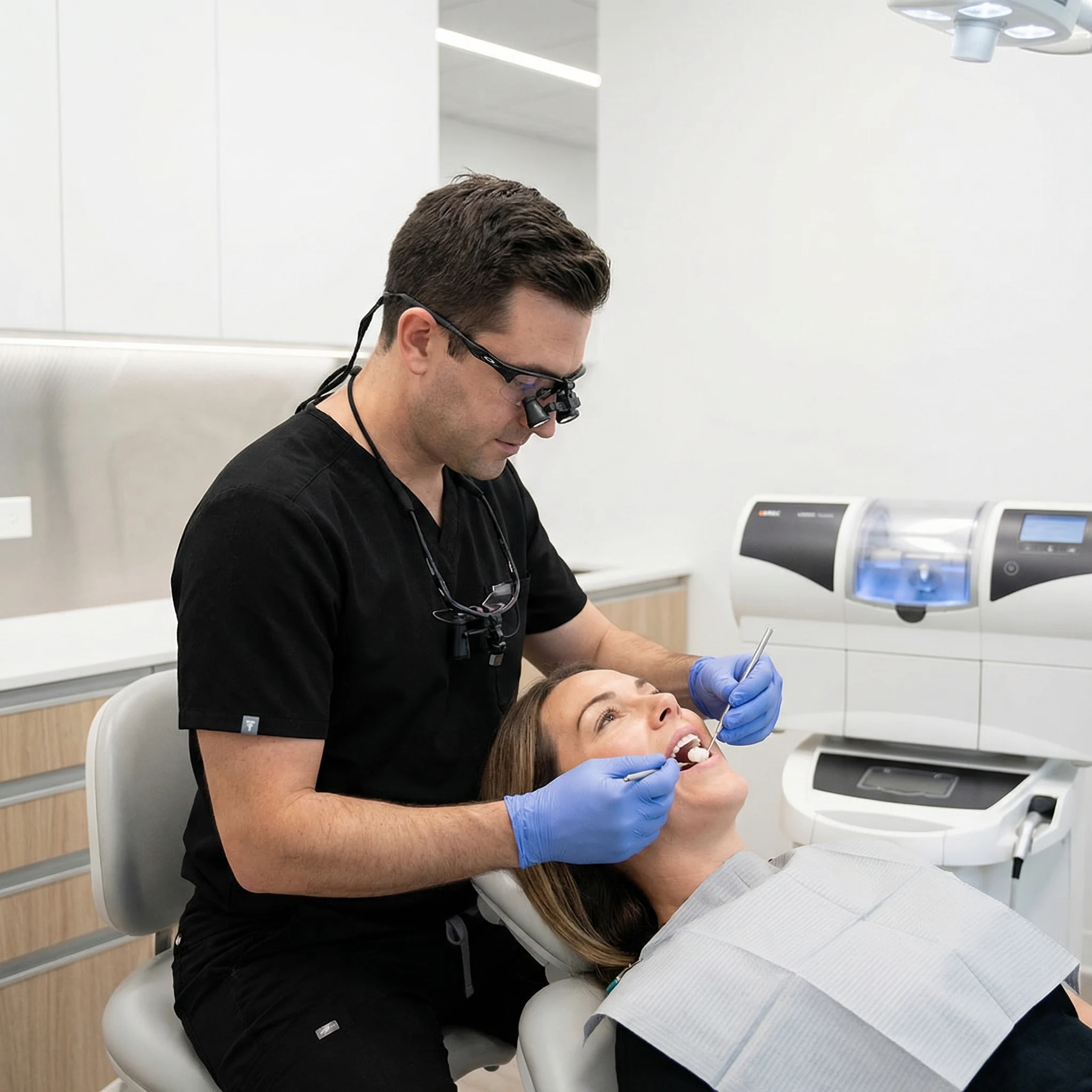 Dentist in black scrubs with latex gloves placing same-day CEREC crown on patient's tooth during one-visit procedure Dalton GA