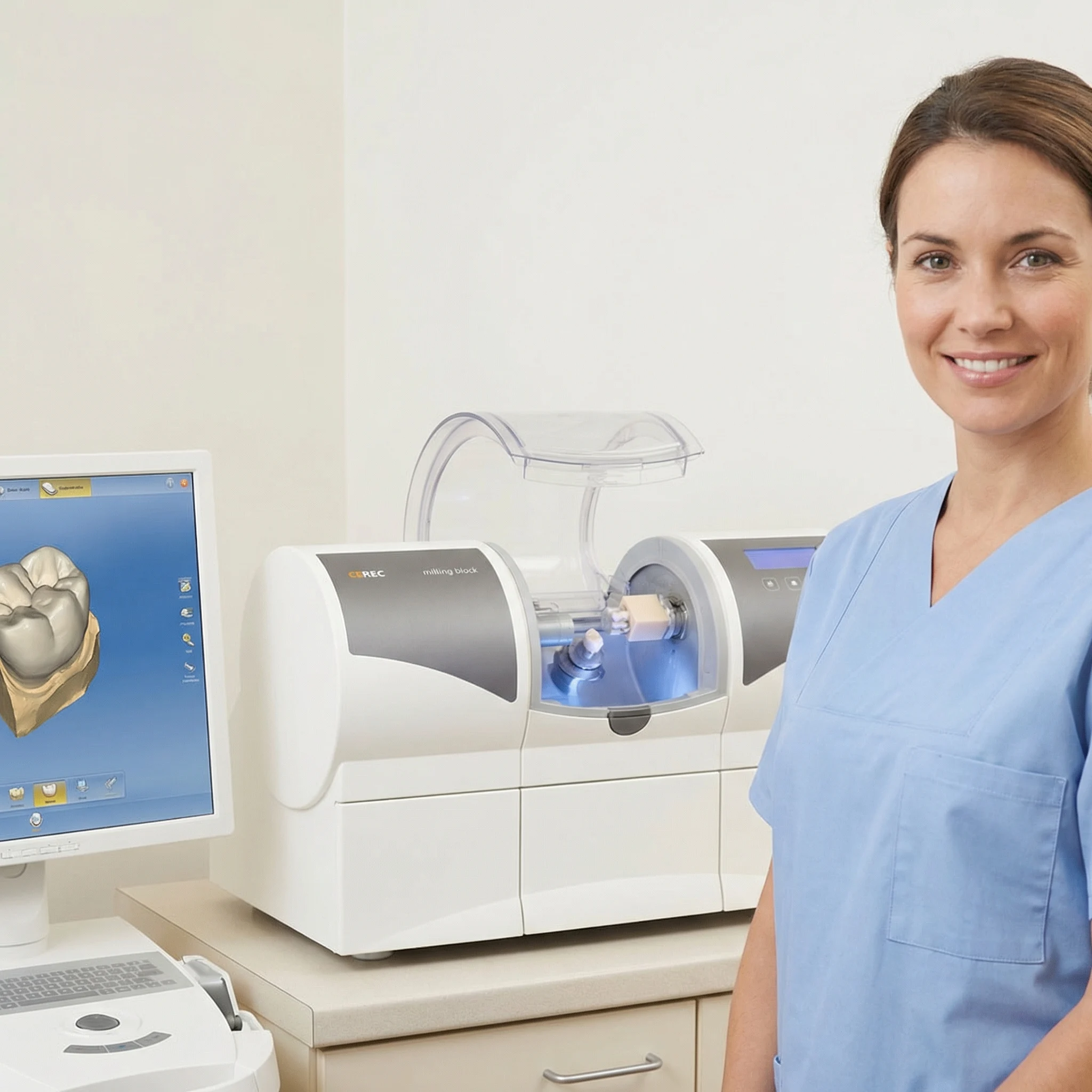 CEREC machine milling dental crown showing digital CAD CAM technology for same-day crowns Dalton GA